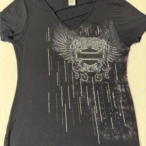 Harley-Davidson Black V-Neck Short Sleeve Tee with Silver Winged Crest